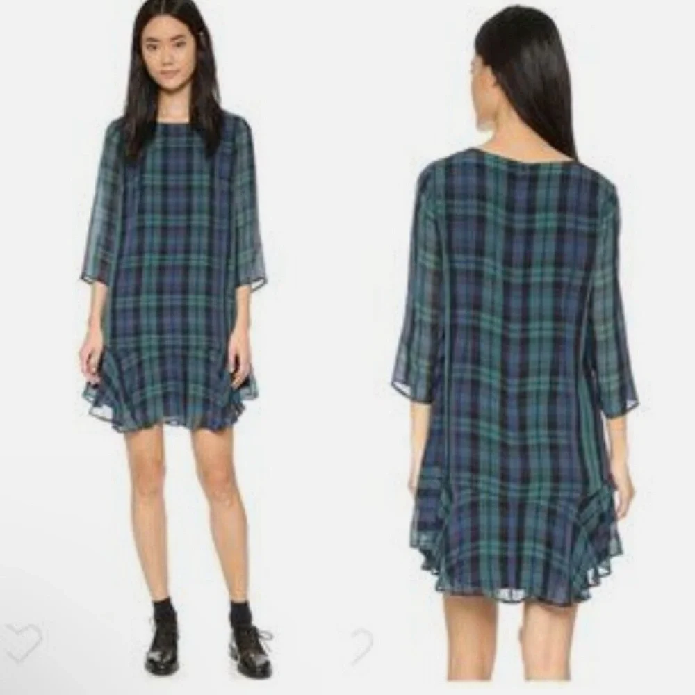 Madewell 100% Silk Plaid Dress - Blue and Green, Ruffle Hem, Size 2